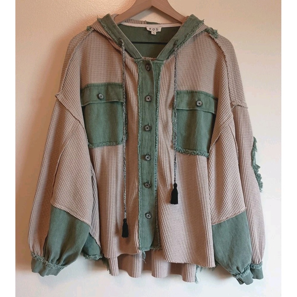 POL L Oversized Waffle Knit Hooded Shacket Boho Patchwork Distressed Cotton